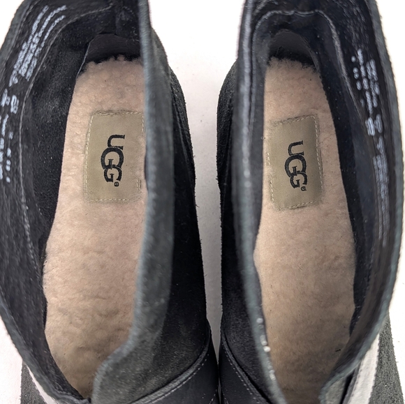 UGG Ankle Boots Suede & Leather Belted Buckle Block Heel Pull On Wright Black 8 - Picture 11 of 14